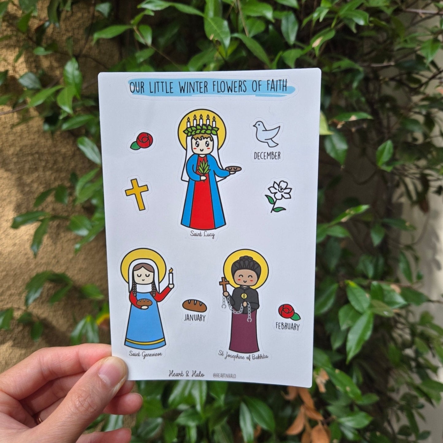 Our Little Winter Flowers of Faith 4" x 6" Sticker sheet, St. Lucy, St. Genevieve, and St. Josephine of Bakhita, Catholic Saints - Heart & Halo