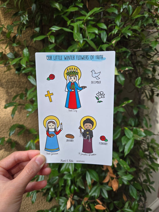 Our Little Winter Flowers of Faith 4" x 6" Sticker sheet, St. Lucy, St. Genevieve, and St. Josephine of Bakhita, Catholic Saints - Heart & Halo