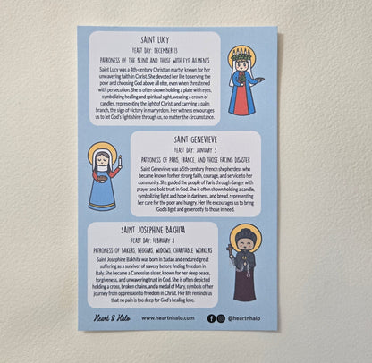 Our Little Winter Flowers of Faith 4" x 6" Sticker sheet, St. Lucy, St. Genevieve, and St. Josephine of Bakhita, Catholic Saints - Heart & Halo
