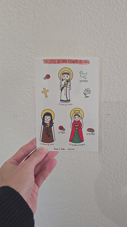 신앙의 작은 봄꽃 4" x 6" 스티커 시트, 성녀 잔 다르크, 시에나의 성녀 카타리나, 로마의 성녀 프란치스코, 가톨릭 성인