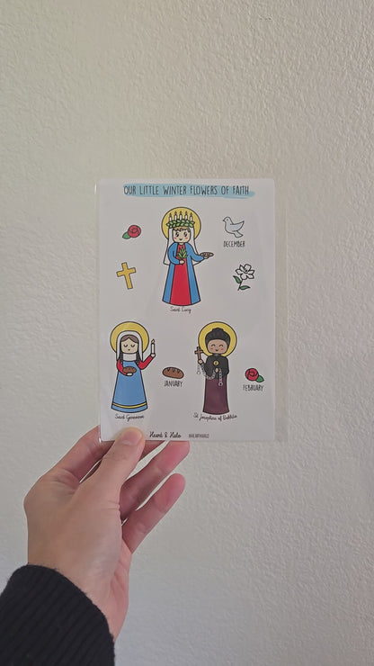 신앙의 작은 봄꽃 4" x 6" 스티커 시트, 성녀 잔 다르크, 시에나의 성녀 카타리나, 로마의 성녀 프란치스코, 가톨릭 성인