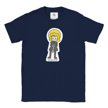 Saint Joan of Arc Youth Cotton Crewneck T-Shirt – 20% Donation, Art by Little Artist - Heart & Halo