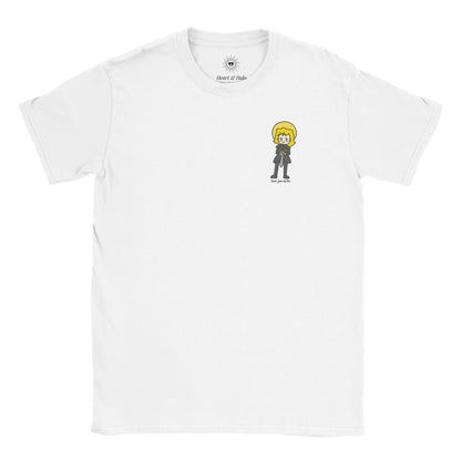 Saint Joan of Arc Youth Cotton Crewneck T-Shirt – 20% Donation, Art by Little Artist - Heart & Halo