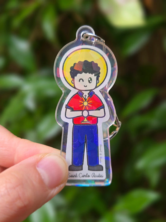 St. Carlo Acutis Acrylic Keychain | Catholic Charm - Heart & Halo